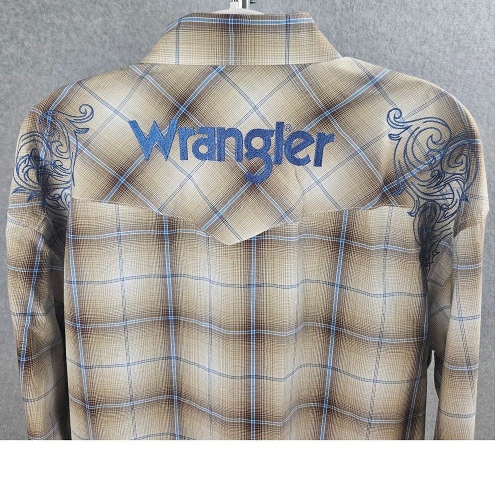 Wrangler Mens Plaid Western Pearl Snap Shirt Embroidered Rodeo Tan Blue L - Picture 5 of 16
